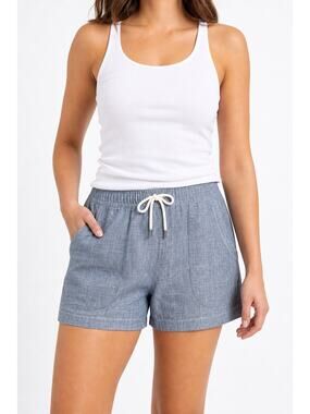Athleta Cabo 100% Linen 4 Inch Shorts Chambray Blue Tie Elastic Waist Size 16